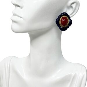 Vintage AVON Arabesque Dark Blue Faux Lapis Carnelian Red Cabochon Earrings 80s